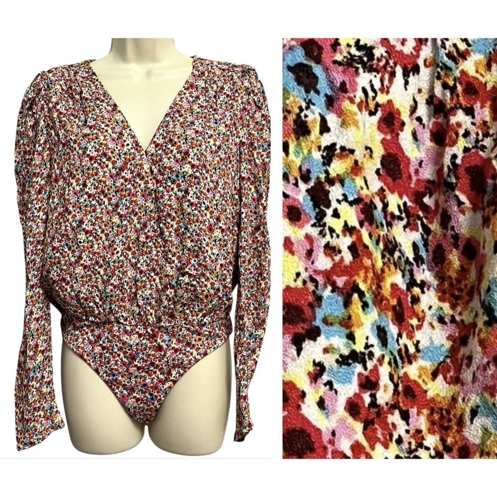 AFRM Bodysuit Womens Small Red Pink‎ Floral Long Sleeve Surplice V-Neck Blouse